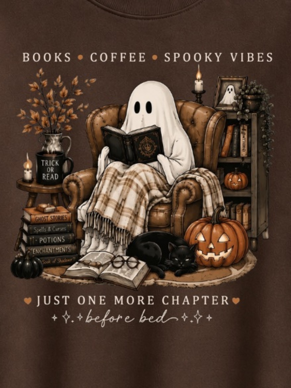 Dark Chocolate "Books Coffee Spooky Vibes" Graphic Crewneck